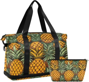 ALAZA Tribal Yellow Pineapples Gym Bag Sports Duffel Bag with Shoes Compartment, Overnight Weekender Travel Tote Bag for Women Men Trip College