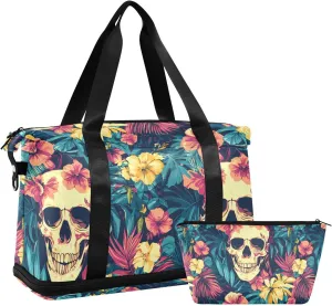 ALAZA Tropical Flowers Skull Gym Bag Sports Duffel Bag with Shoes Compartment, Overnight Weekender Travel Tote Bag for Women Men Trip College