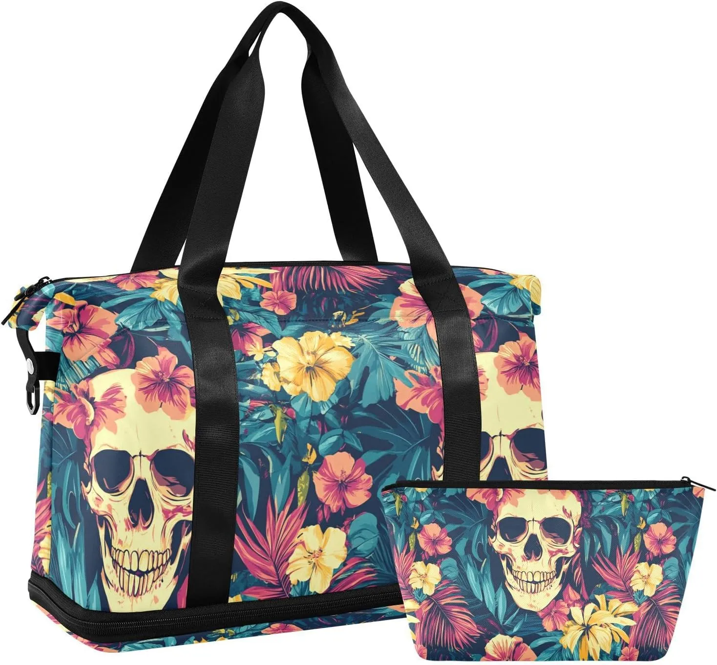 ALAZA Tropical Flowers Skull Gym Bag Sports Duffel Bag with Shoes Compartment, Overnight Weekender Travel Tote Bag for Women Men Trip College