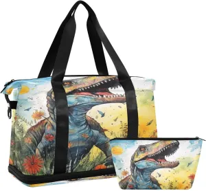 ALAZA Vintage Dinosaur Floral Gym Bag Sports Duffel Bag with Shoes Compartment, Overnight Weekender Travel Tote Bag for Women Men Trip College