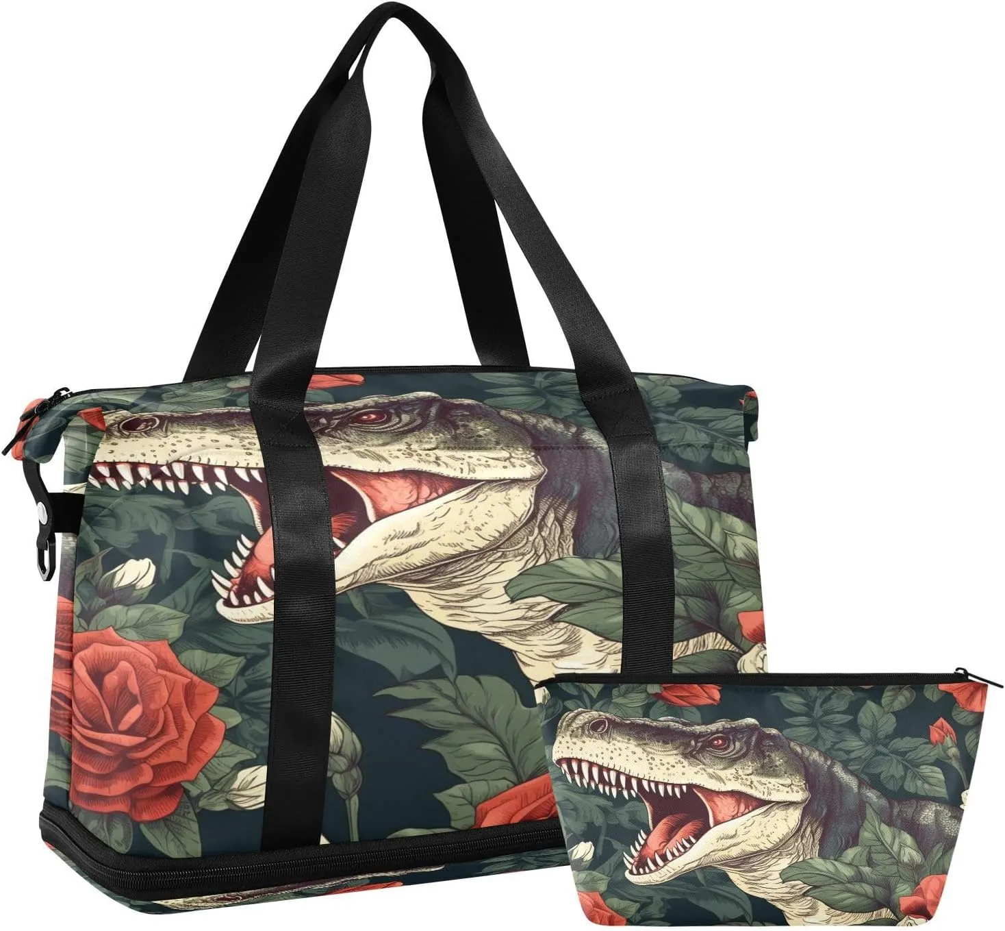 ALAZA Vintage Dinosaur Red Flowers Gym Bag Sports Duffel Bag with Shoes Compartment, Overnight Weekender Travel Tote Bag for Women Men Trip College