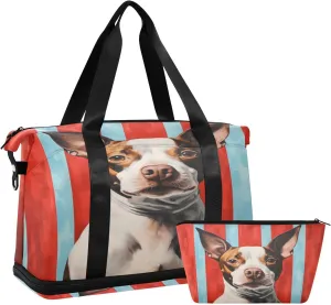 ALAZA Vintage Dog and Stripes Gym Bag Sports Duffel Bag with Shoes Compartment, Overnight Weekender Travel Tote Bag for Women Men Trip College