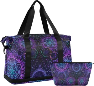 ALAZA Vintage Moon Geometric Gym Bag Sports Duffel Bag with Shoes Compartment, Overnight Weekender Travel Tote Bag for Women Men Trip College