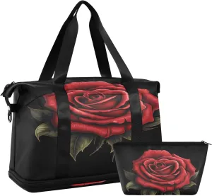 ALAZA Vintage Rose Black Gym Bag Sports Duffel Bag with Shoes Compartment, Overnight Weekender Travel Tote Bag for Women Men Trip College