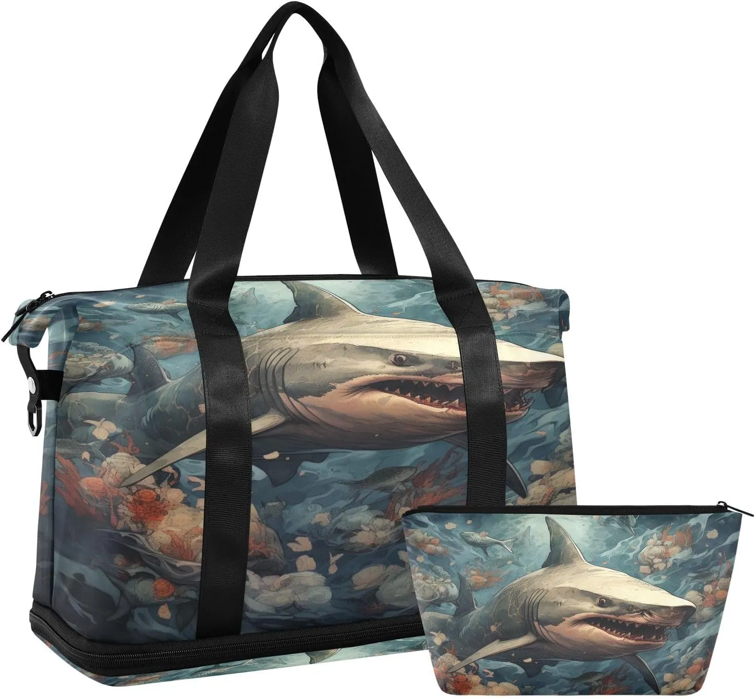 ALAZA Vintage Sharks Fishes Gym Bag Sports Duffel Bag with Shoes Compartment, Overnight Weekender Travel Tote Bag for Women Men Trip College