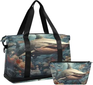 ALAZA Vintage Sharks Fishes Gym Bag Sports Duffel Bag with Shoes Compartment, Overnight Weekender Travel Tote Bag for Women Men Trip College