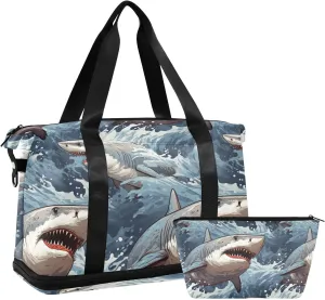 ALAZA Vintage Sharks Gym Bag Sports Duffel Bag with Shoes Compartment, Overnight Weekender Travel Tote Bag for Women Men Trip College