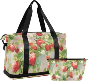 ALAZA Vintage Strawberries Flowers Gym Bag Sports Duffel Bag with Shoes Compartment, Overnight Weekender Travel Tote Bag for Women Men Trip College