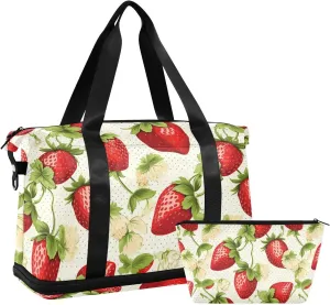 ALAZA Vintage Strawberry Dots Gym Bag Sports Duffel Bag with Shoes Compartment, Overnight Weekender Travel Tote Bag for Women Men Trip College