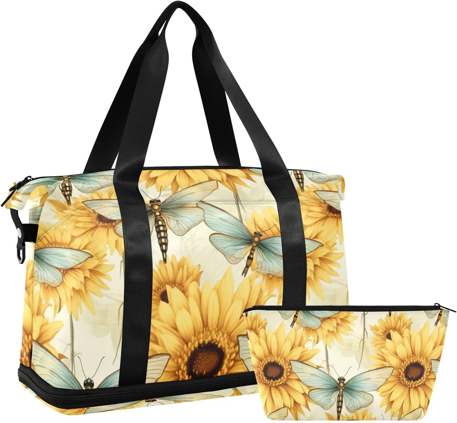 ALAZA Vintage Sunflowers Dragonfly Butterfly Gym Bag Sports Duffel Bag with Shoes Compartment, Overnight Weekender Travel Tote Bag for Women Men Trip College