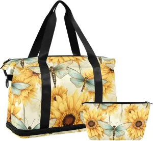 ALAZA Vintage Sunflowers Dragonfly Butterfly Gym Bag Sports Duffel Bag with Shoes Compartment, Overnight Weekender Travel Tote Bag for Women Men Trip College