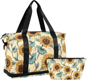 ALAZA Vintage Sunflowers Floral Gym Bag Sports Duffel Bag with Shoes Compartment, Overnight Weekender Travel Tote Bag for Women Men Trip College