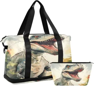 ALAZA Vintage Tropical Dinosaur Gym Bag Sports Duffel Bag with Shoes Compartment, Overnight Weekender Travel Tote Bag for Women Men Trip College