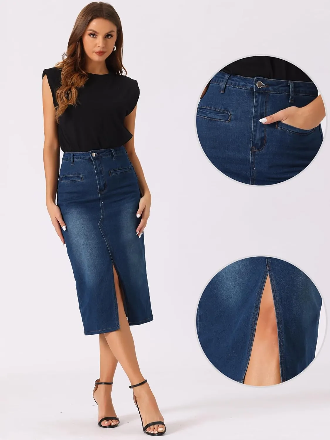 Allegra K Denim Skirt for Women's High Waist Slit Front Washed Jean Midi Skirts with Pockets