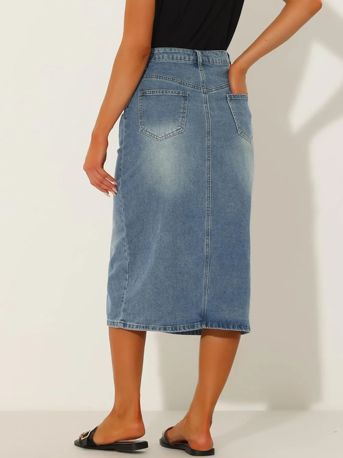 Allegra K Denim Skirt for Women's High Waist Slit Front Washed Jean Midi Skirts with Pockets