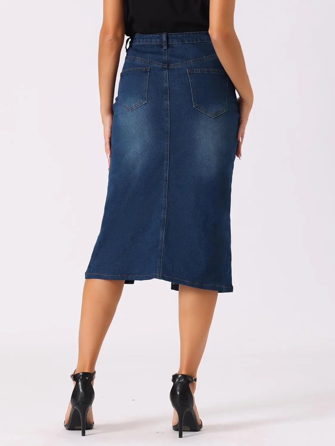 Allegra K Denim Skirt for Women's High Waist Slit Front Washed Jean Midi Skirts with Pockets