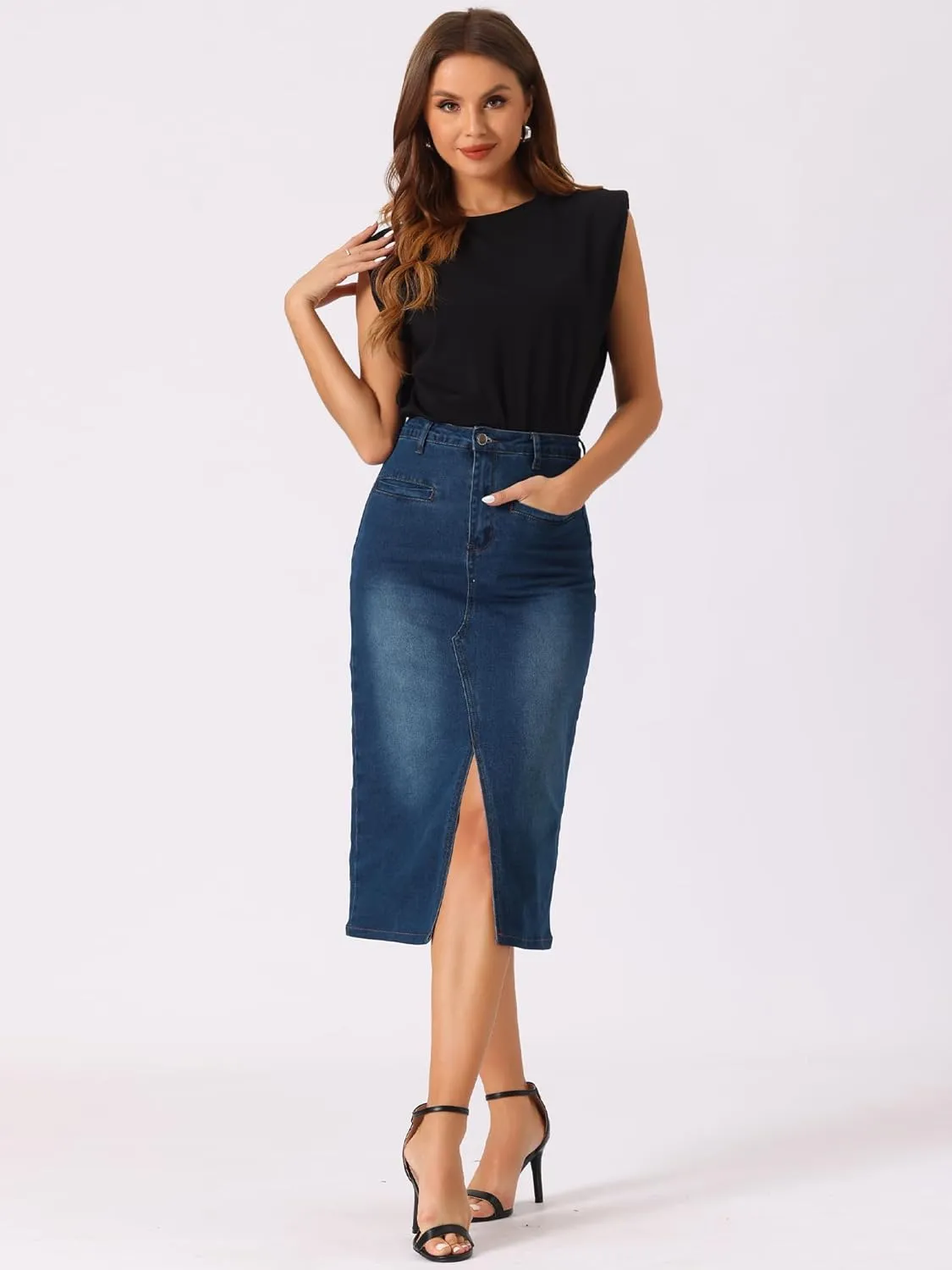 Allegra K Denim Skirt for Women's High Waist Slit Front Washed Jean Midi Skirts with Pockets