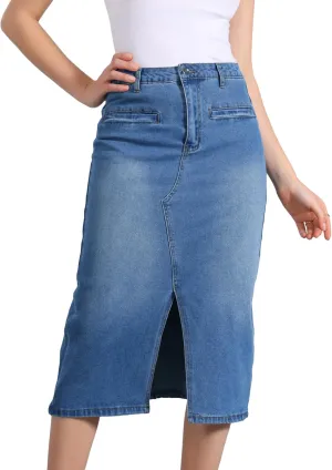Allegra K Denim Skirt for Women's High Waist Slit Front Washed Jean Midi Skirts with Pockets