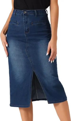 Allegra K Denim Skirt for Women's High Waist Slit Front Washed Jean Midi Skirts with Pockets