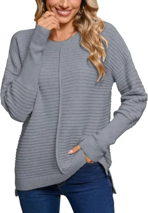 Alsol Lamesa Women's Fall Fashion Crew Neck Ribbed Knit Pullover Sweater Loose Side Split Batwing Long Sleeve Sweaters