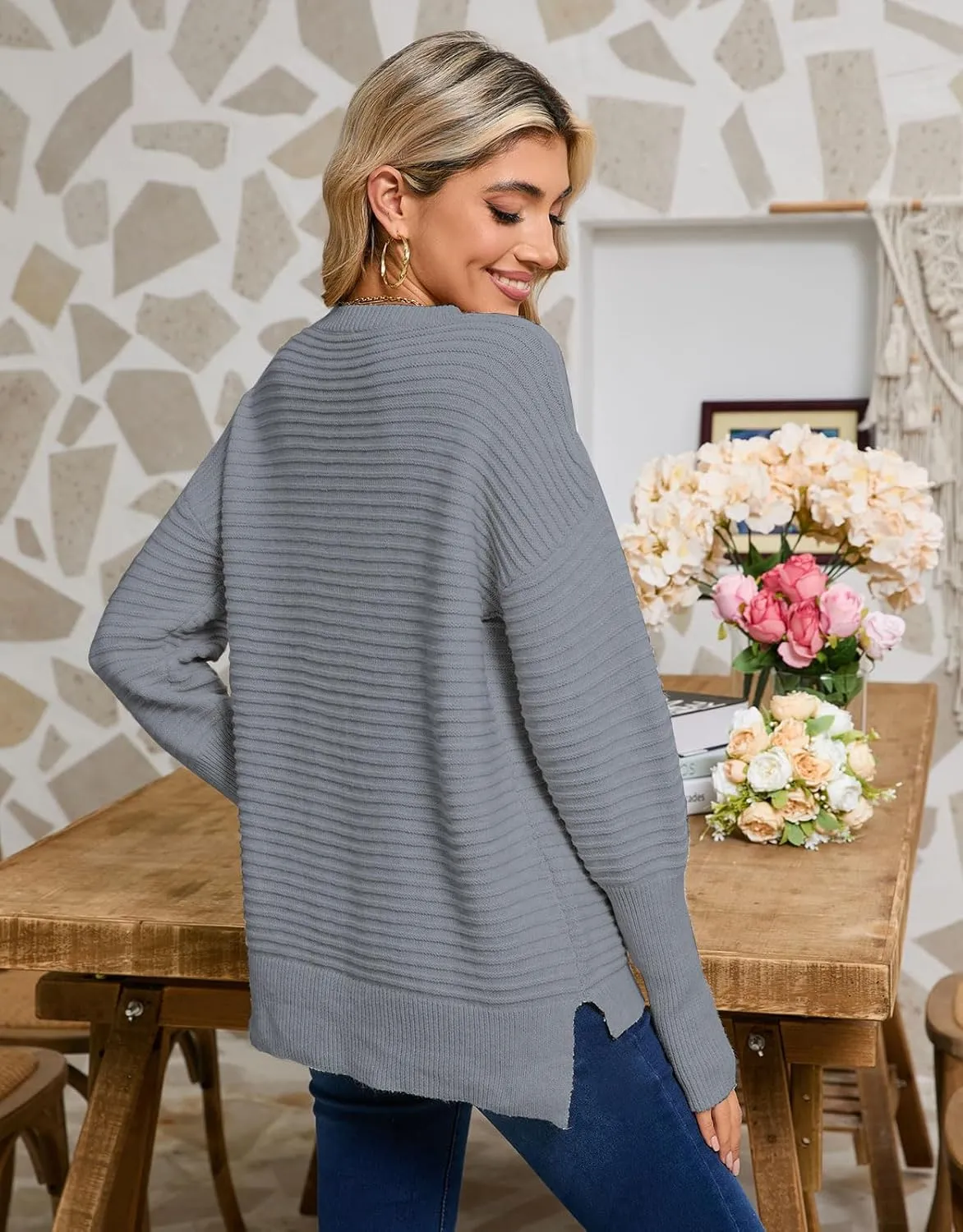 Alsol Lamesa Women's Fall Fashion Crew Neck Ribbed Knit Pullover Sweater Loose Side Split Batwing Long Sleeve Sweaters
