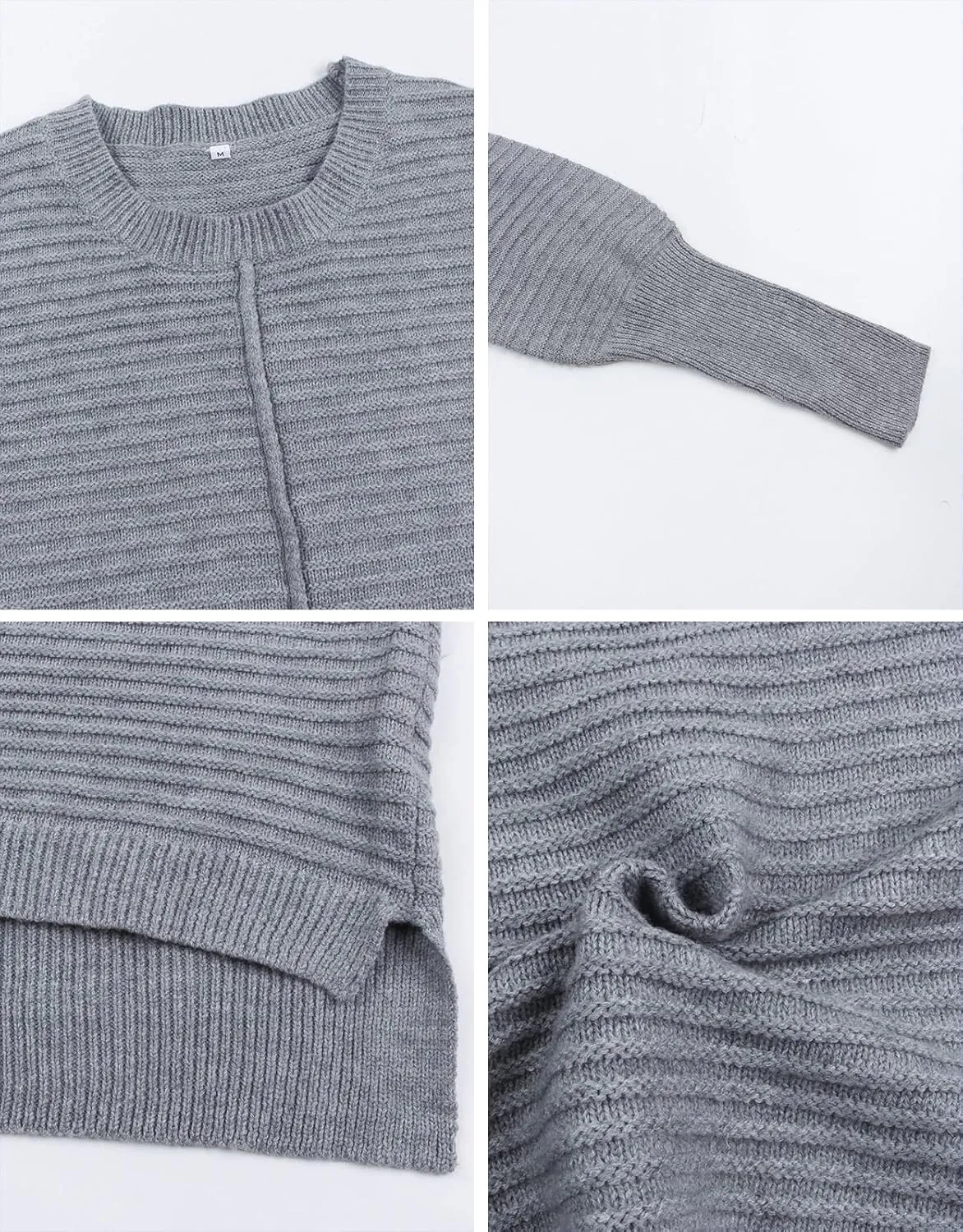 Alsol Lamesa Women's Fall Fashion Crew Neck Ribbed Knit Pullover Sweater Loose Side Split Batwing Long Sleeve Sweaters