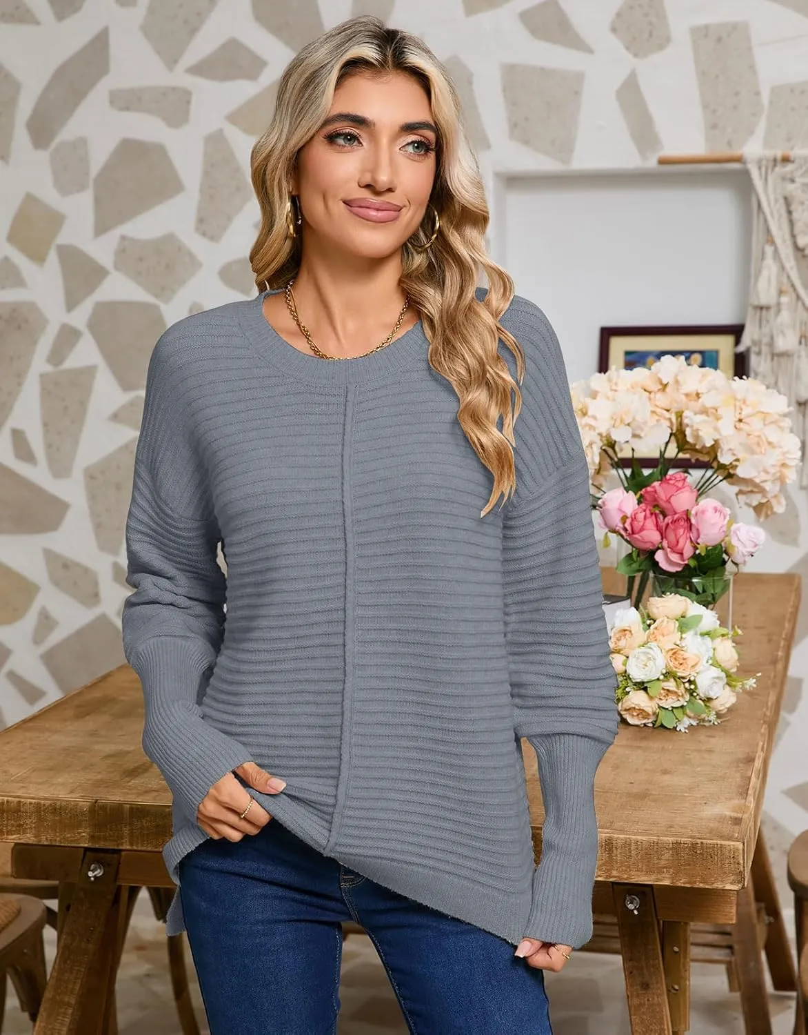 Alsol Lamesa Women's Fall Fashion Crew Neck Ribbed Knit Pullover Sweater Loose Side Split Batwing Long Sleeve Sweaters