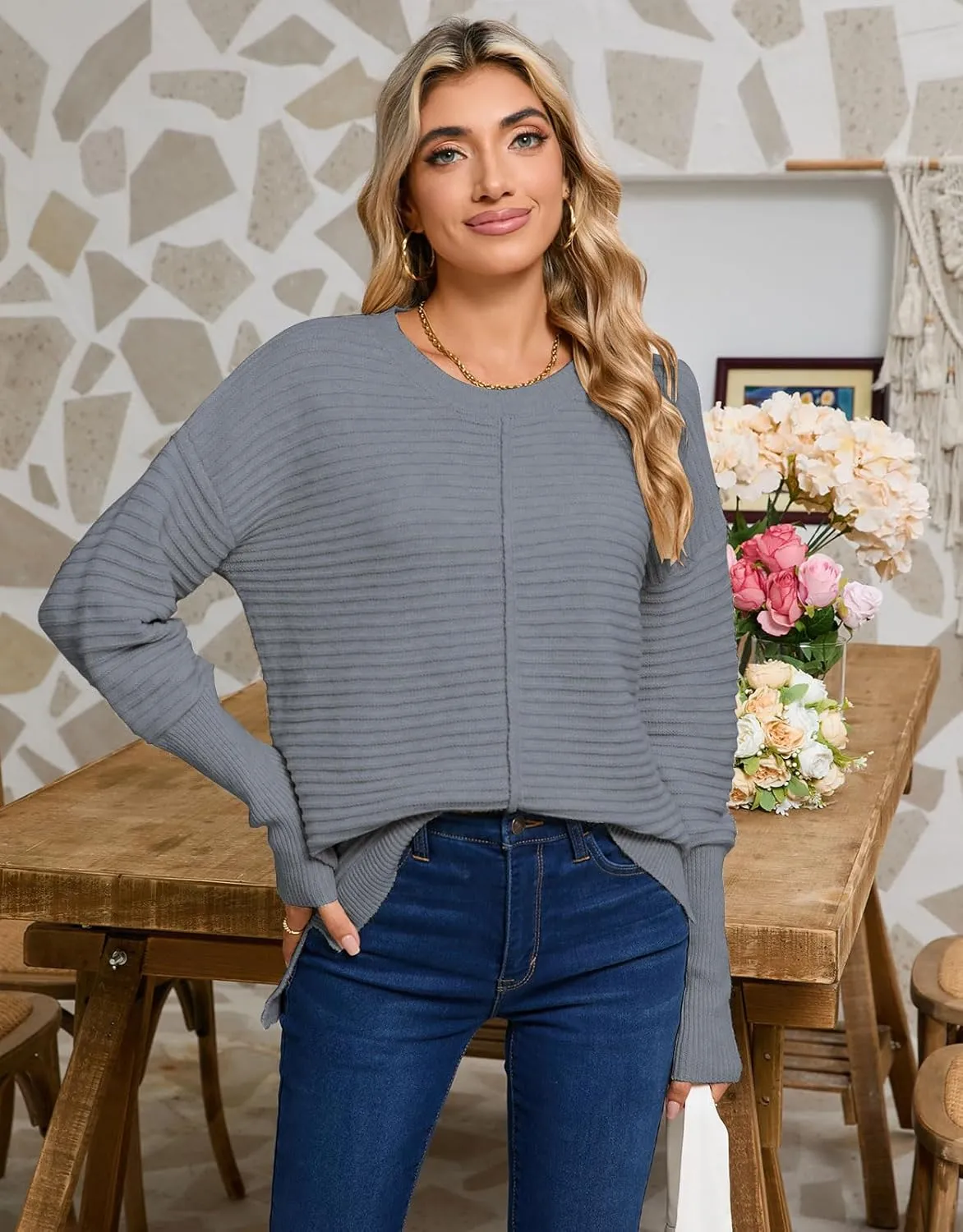 Alsol Lamesa Women's Fall Fashion Crew Neck Ribbed Knit Pullover Sweater Loose Side Split Batwing Long Sleeve Sweaters