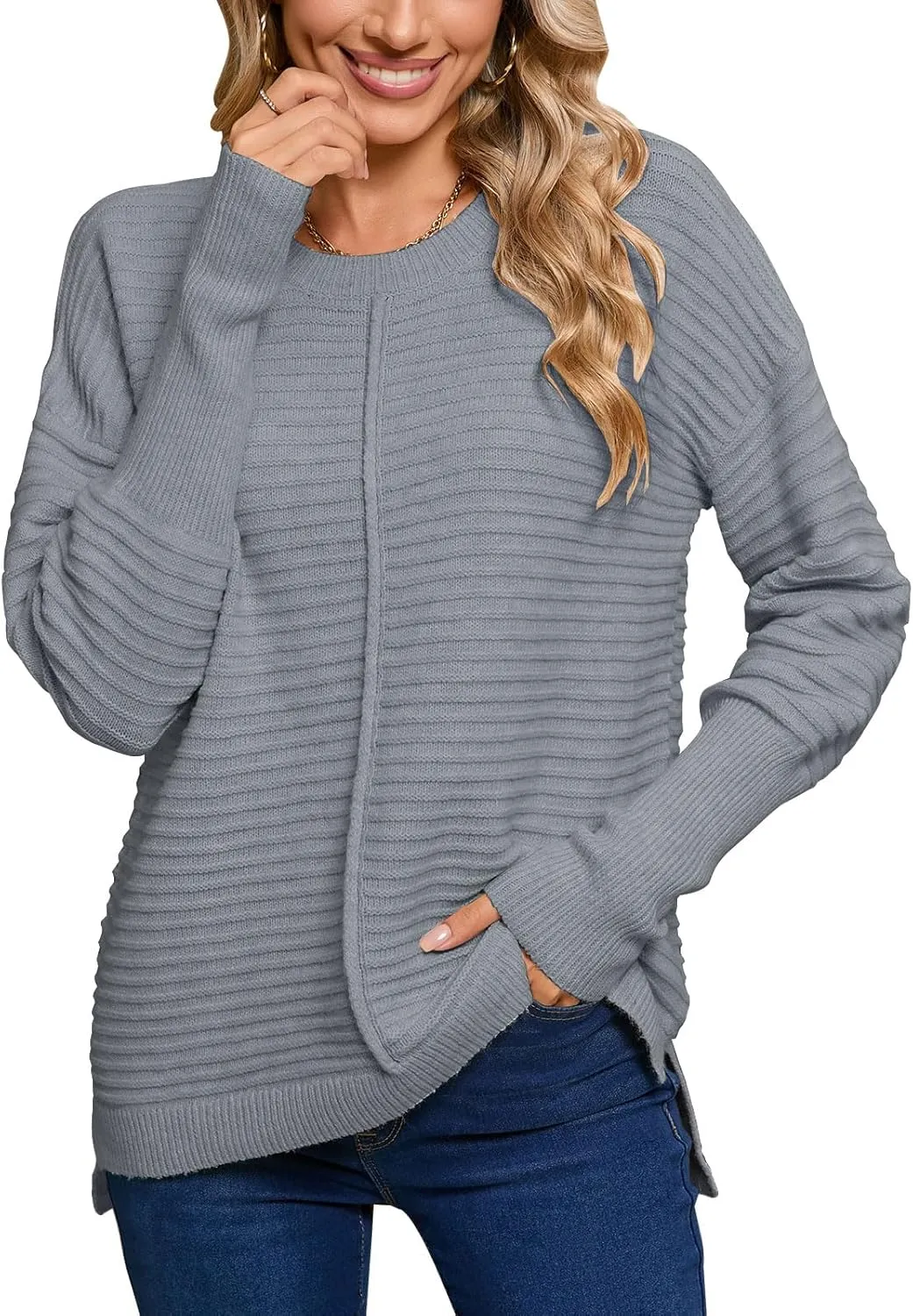 Alsol Lamesa Women's Fall Fashion Crew Neck Ribbed Knit Pullover Sweater Loose Side Split Batwing Long Sleeve Sweaters
