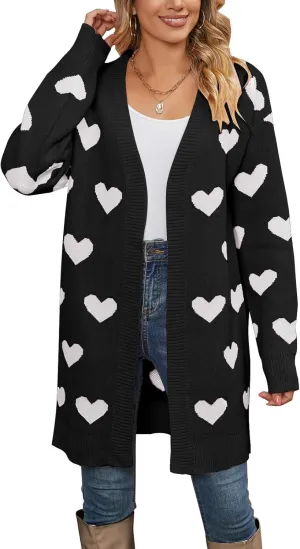 Alsol Lamesa Women's Long Sleeve Cute Cardigan Sweaters V Neck Open Front Ribbed Knit Heart Sweater Coat
