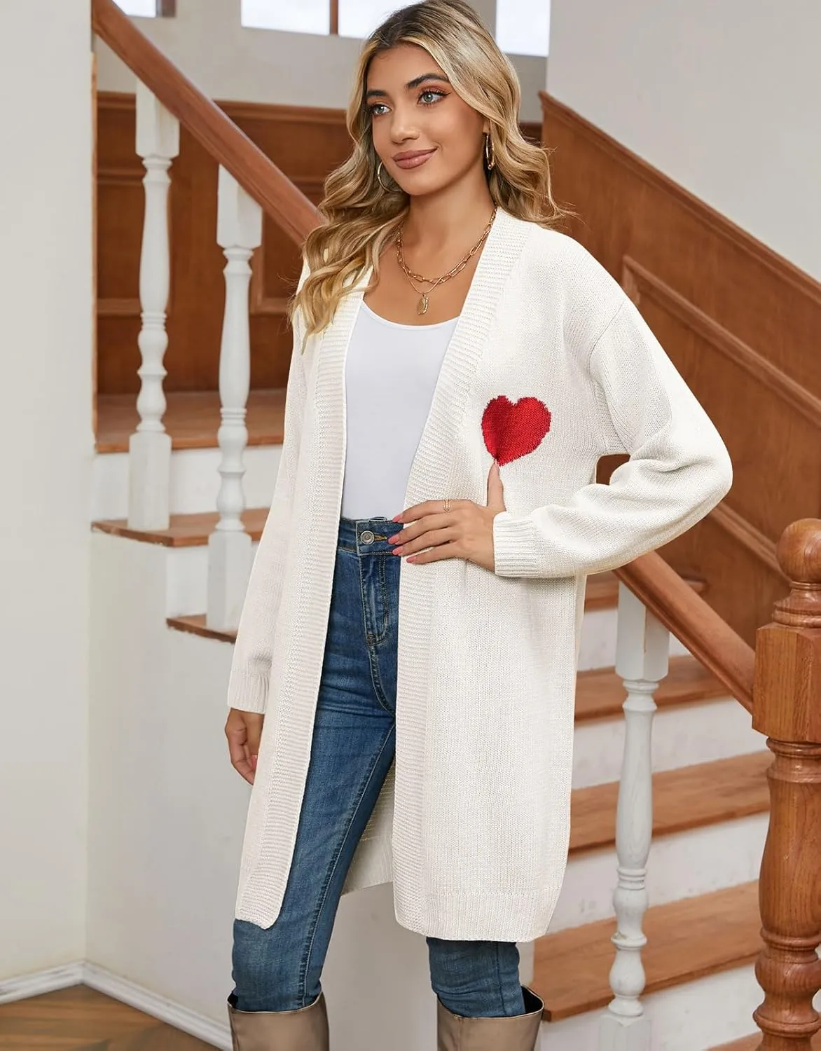 Alsol Lamesa Women's Long Sleeve Cute Cardigan Sweaters V Neck Open Front Ribbed Knit Heart Sweater Coat
