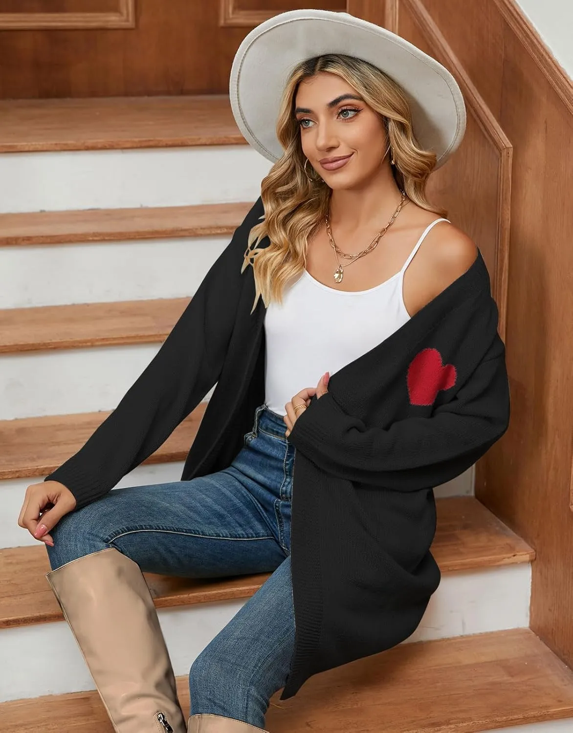 Alsol Lamesa Women's Long Sleeve Cute Cardigan Sweaters V Neck Open Front Ribbed Knit Heart Sweater Coat