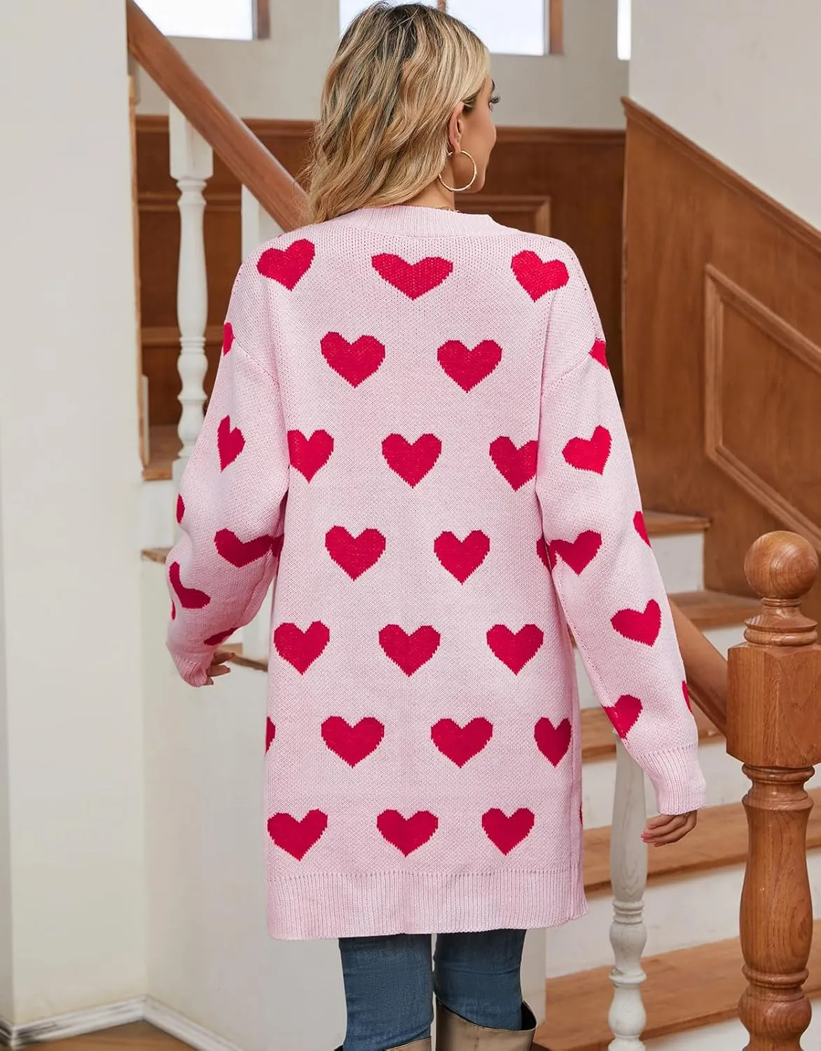 Alsol Lamesa Women's Long Sleeve Cute Cardigan Sweaters V Neck Open Front Ribbed Knit Heart Sweater Coat