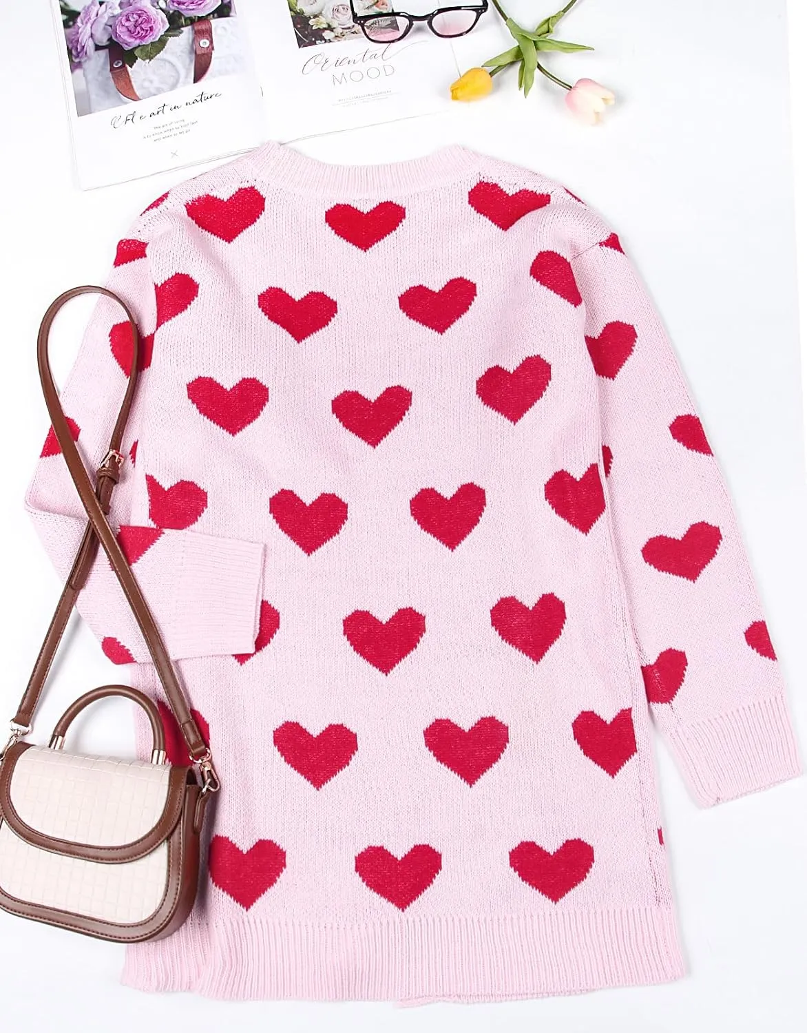 Alsol Lamesa Women's Long Sleeve Cute Cardigan Sweaters V Neck Open Front Ribbed Knit Heart Sweater Coat