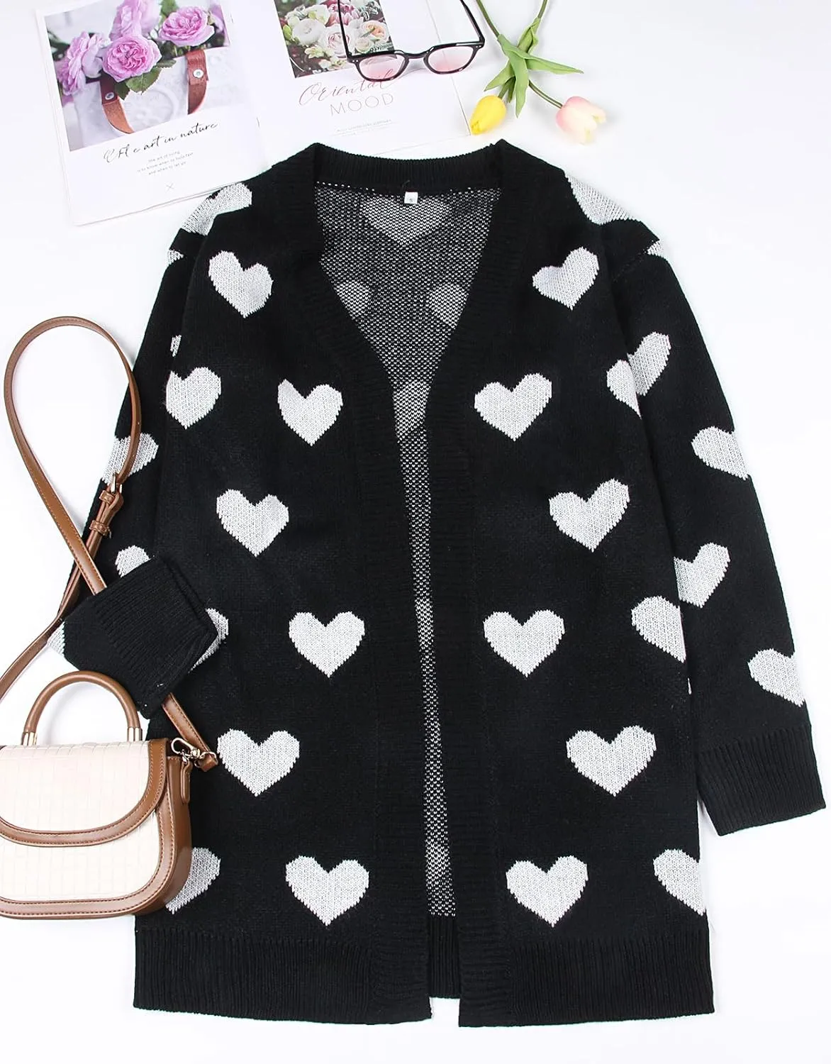 Alsol Lamesa Women's Long Sleeve Cute Cardigan Sweaters V Neck Open Front Ribbed Knit Heart Sweater Coat