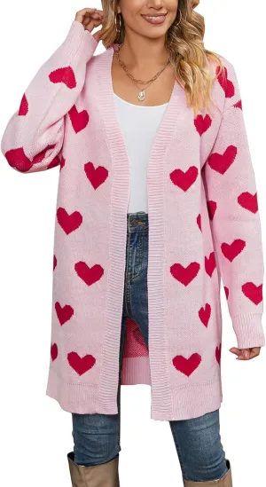 Alsol Lamesa Women's Long Sleeve Cute Cardigan Sweaters V Neck Open Front Ribbed Knit Heart Sweater Coat