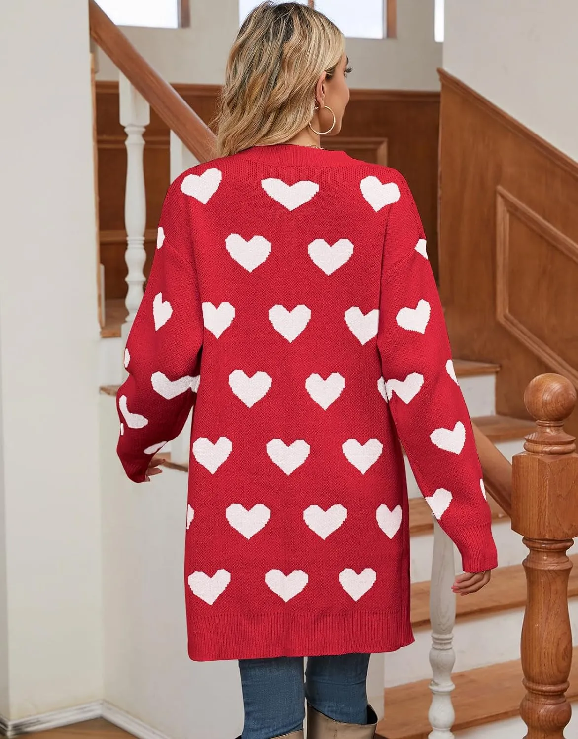 Alsol Lamesa Women's Long Sleeve Cute Cardigan Sweaters V Neck Open Front Ribbed Knit Heart Sweater Coat