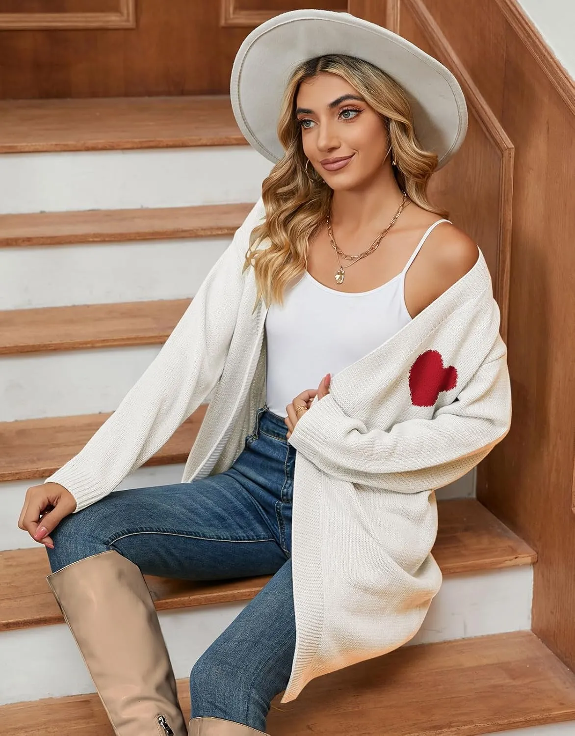 Alsol Lamesa Women's Long Sleeve Cute Cardigan Sweaters V Neck Open Front Ribbed Knit Heart Sweater Coat