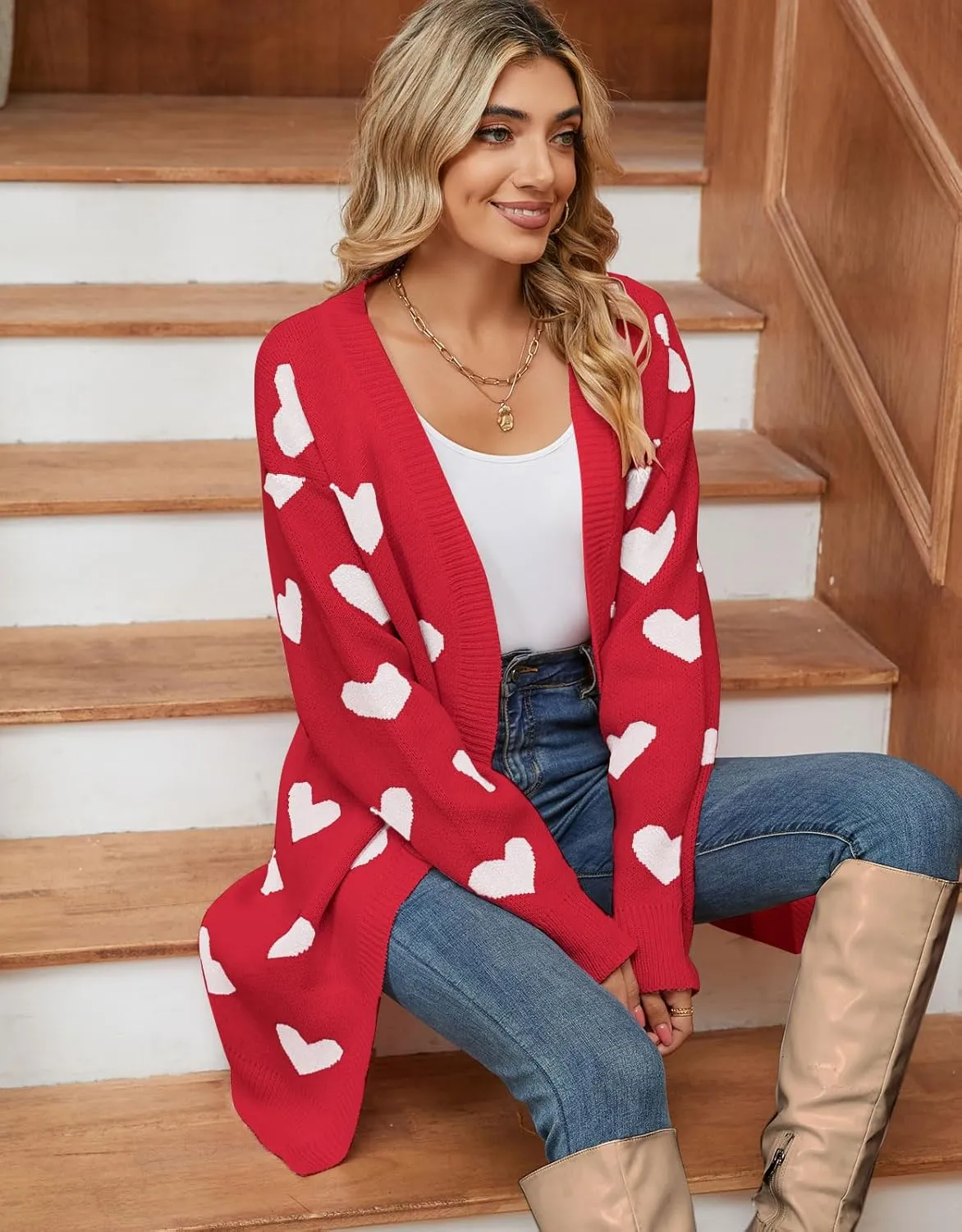 Alsol Lamesa Women's Long Sleeve Cute Cardigan Sweaters V Neck Open Front Ribbed Knit Heart Sweater Coat
