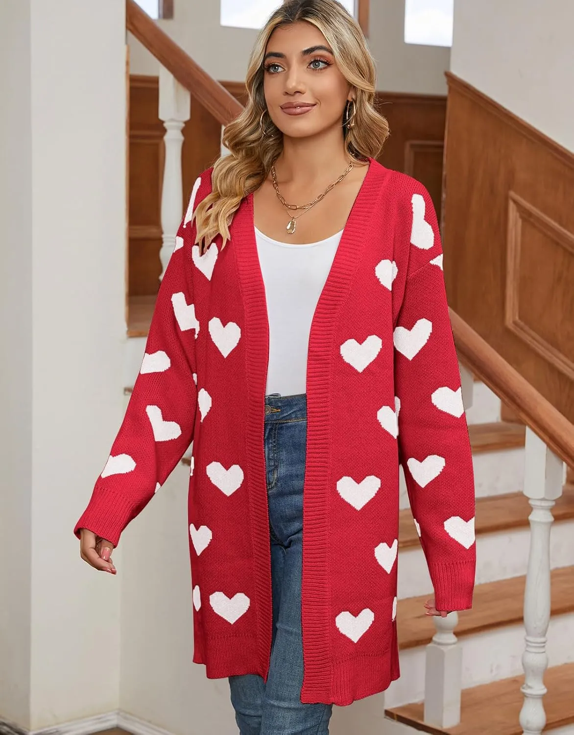 Alsol Lamesa Women's Long Sleeve Cute Cardigan Sweaters V Neck Open Front Ribbed Knit Heart Sweater Coat