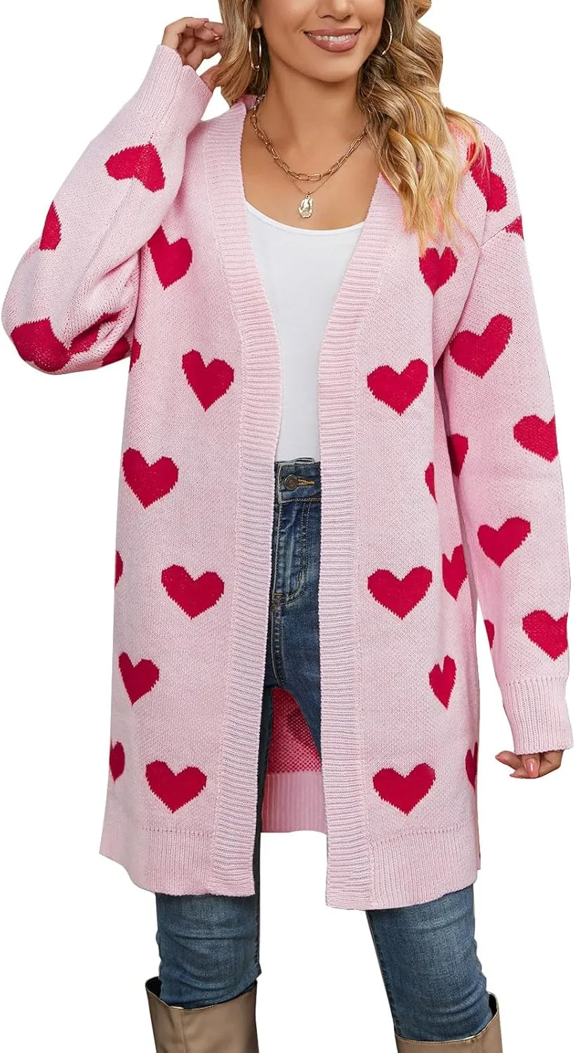 Alsol Lamesa Women's Long Sleeve Cute Cardigan Sweaters V Neck Open Front Ribbed Knit Heart Sweater Coat