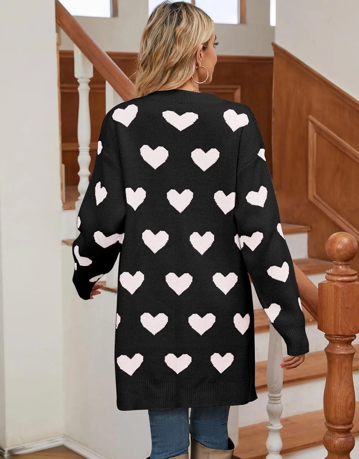 Alsol Lamesa Women's Long Sleeve Cute Cardigan Sweaters V Neck Open Front Ribbed Knit Heart Sweater Coat