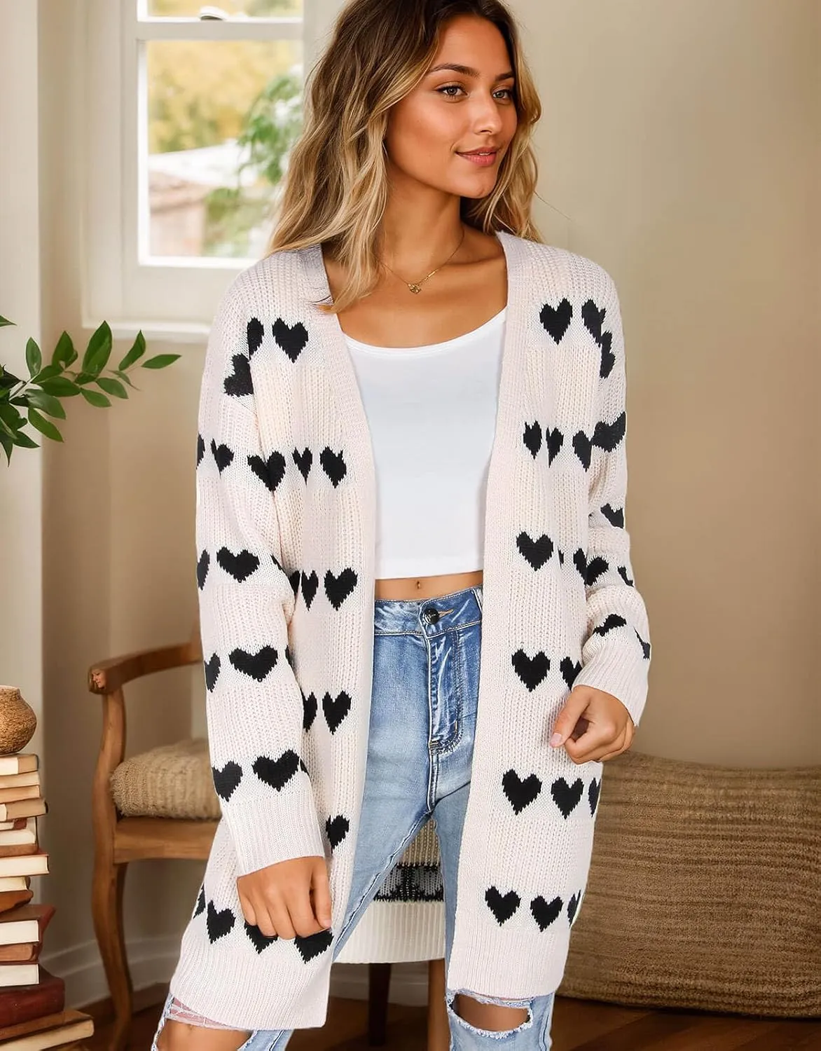 Alsol Lamesa Women's Long Sleeve Cute Cardigan Sweaters V Neck Open Front Ribbed Knit Heart Sweater Coat