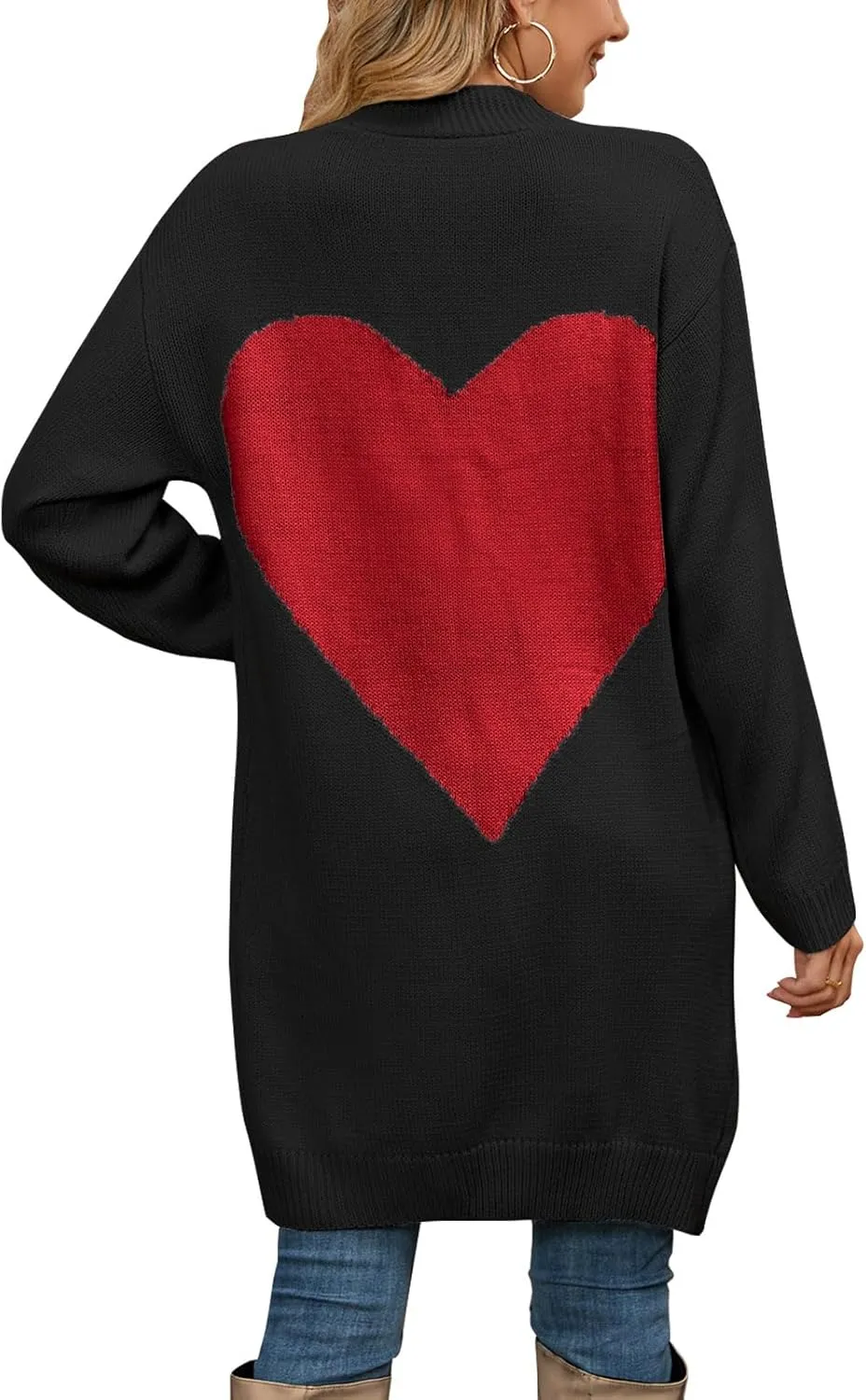 Alsol Lamesa Women's Long Sleeve Cute Cardigan Sweaters V Neck Open Front Ribbed Knit Heart Sweater Coat