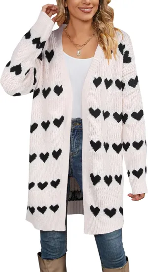 Alsol Lamesa Women's Long Sleeve Cute Cardigan Sweaters V Neck Open Front Ribbed Knit Heart Sweater Coat