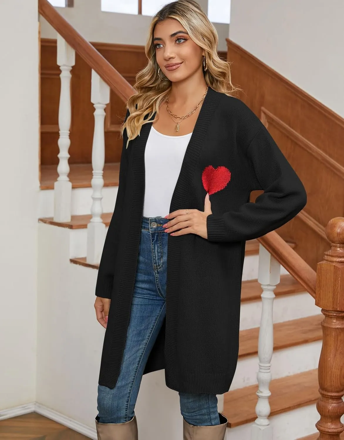 Alsol Lamesa Women's Long Sleeve Cute Cardigan Sweaters V Neck Open Front Ribbed Knit Heart Sweater Coat