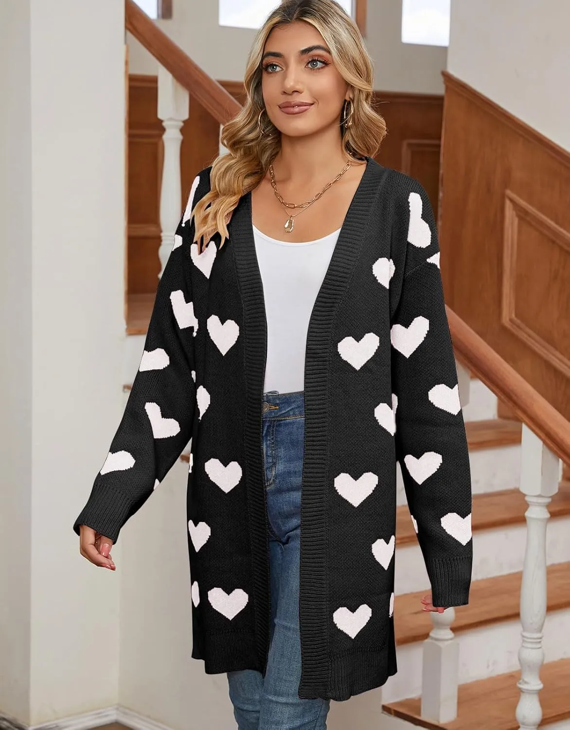 Alsol Lamesa Women's Long Sleeve Cute Cardigan Sweaters V Neck Open Front Ribbed Knit Heart Sweater Coat