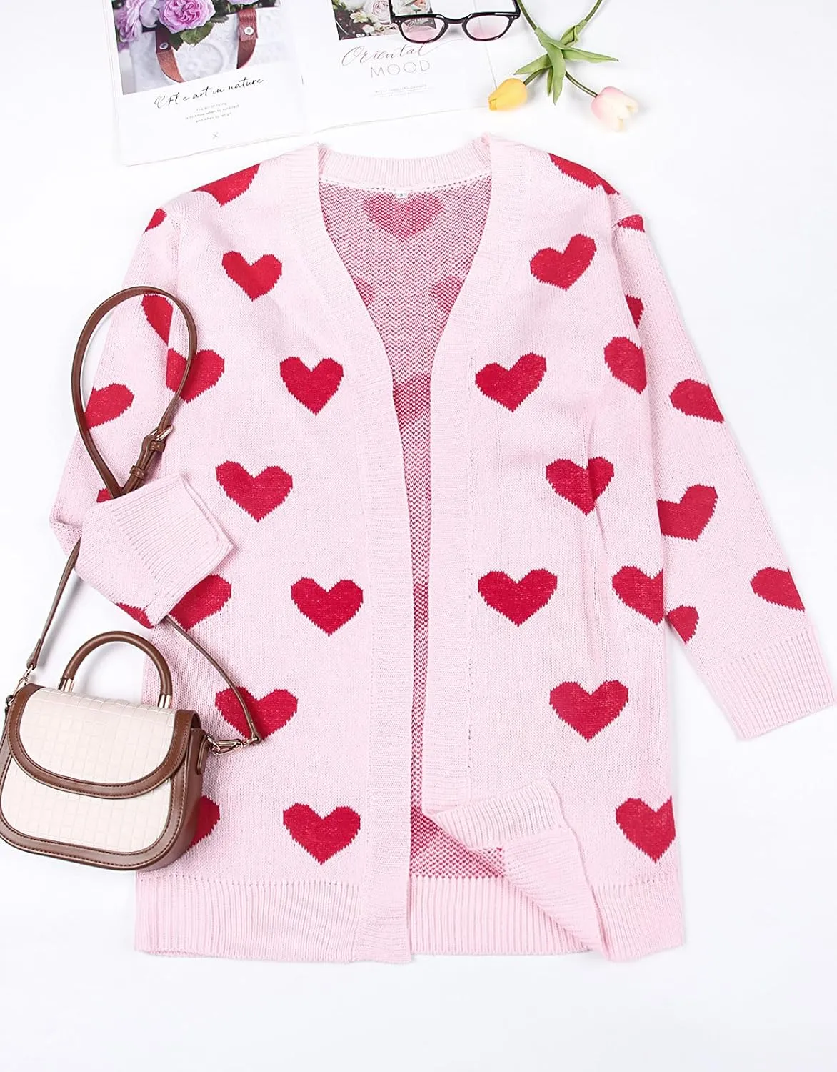 Alsol Lamesa Women's Long Sleeve Cute Cardigan Sweaters V Neck Open Front Ribbed Knit Heart Sweater Coat
