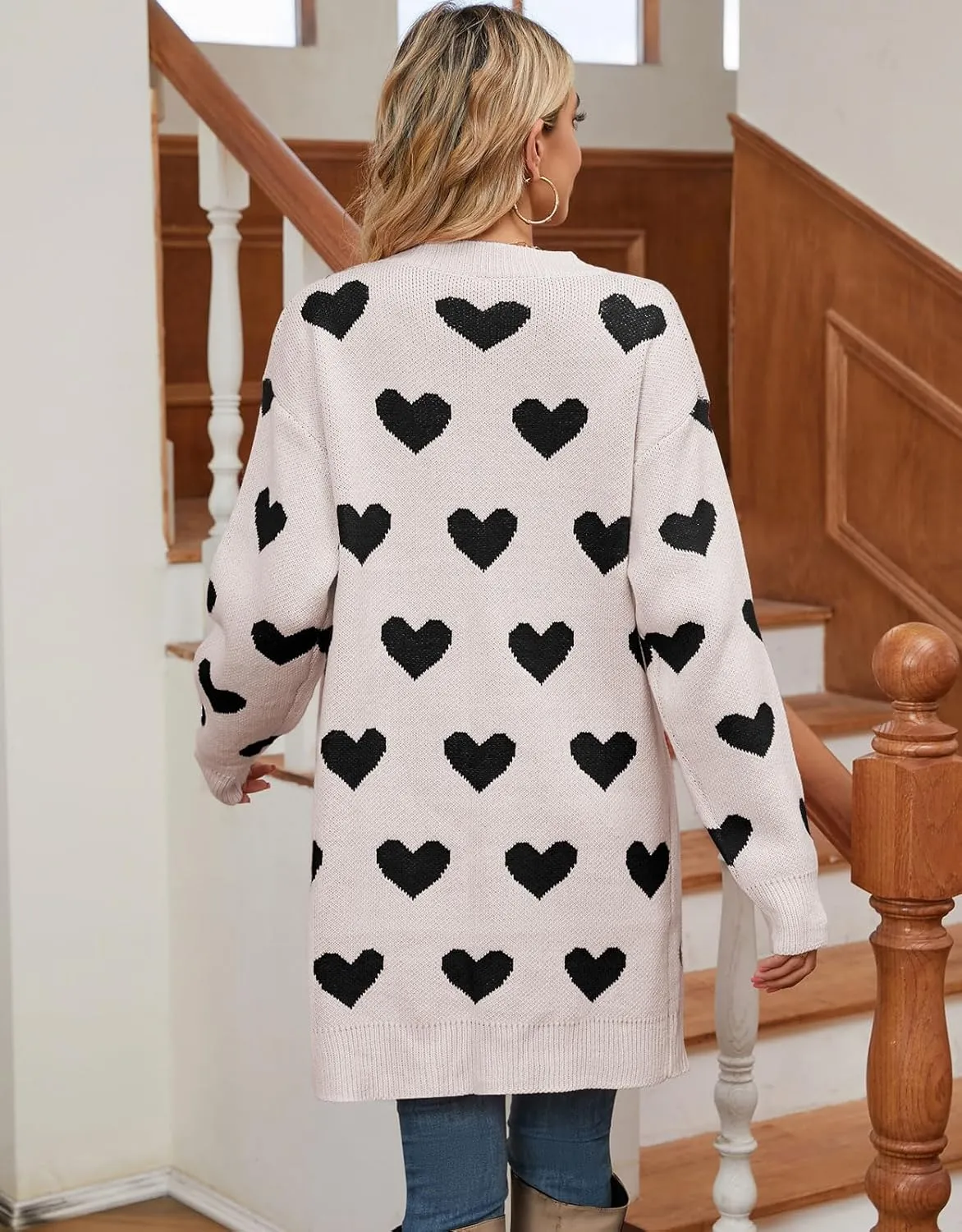 Alsol Lamesa Women's Long Sleeve Cute Cardigan Sweaters V Neck Open Front Ribbed Knit Heart Sweater Coat