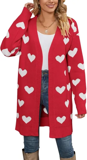 Alsol Lamesa Women's Long Sleeve Cute Cardigan Sweaters V Neck Open Front Ribbed Knit Heart Sweater Coat